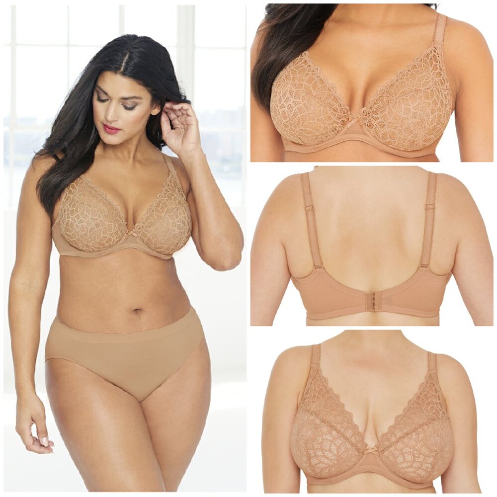 Set of 3! 34C Glamorise WONDERWIRE Bra (Sheer~Stretch~Lace) SNUG-FIT! Nude NEW